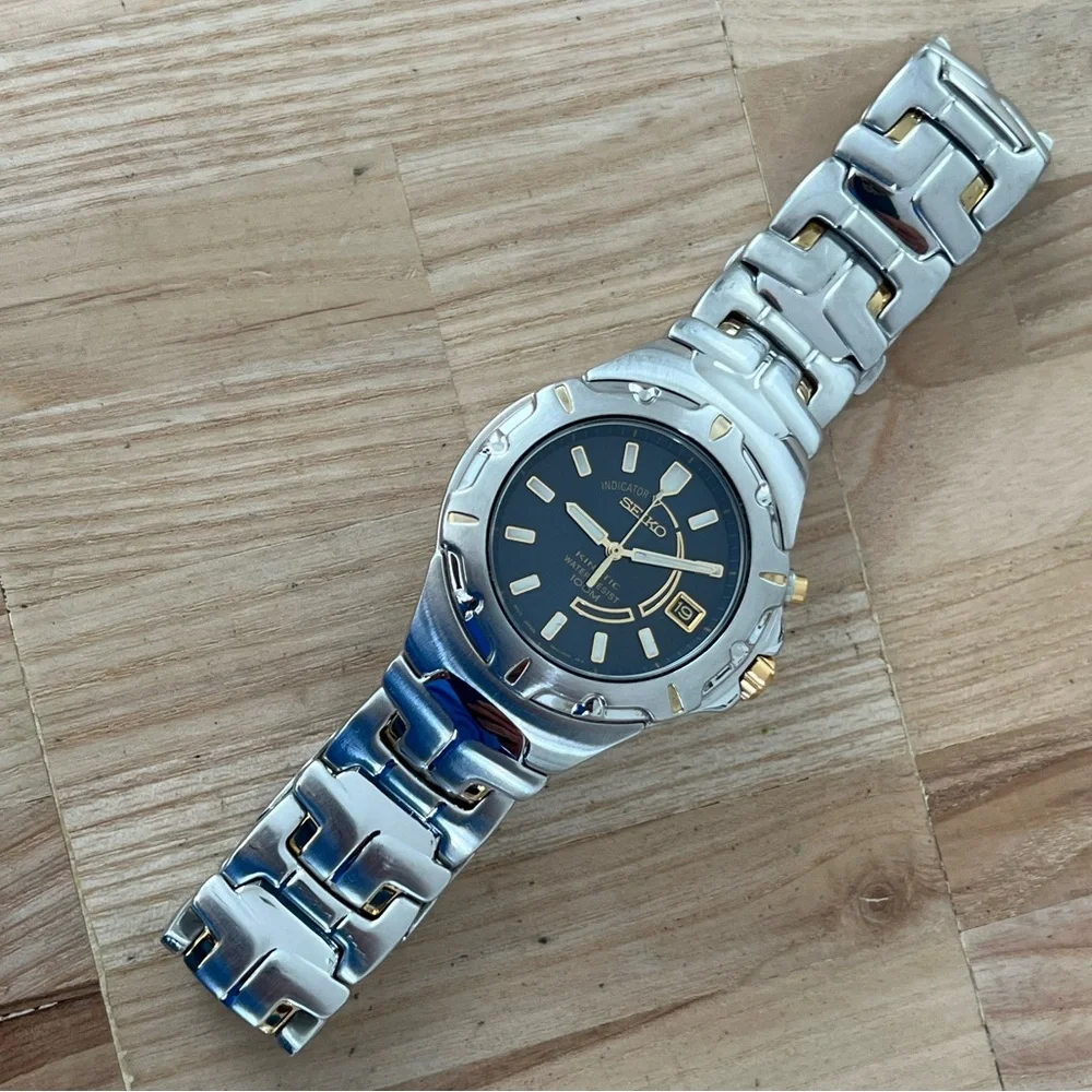Seiko Kinetic Blue Dial Automatic Rare Men’s Watch Two-Tone Bracelet Date Window